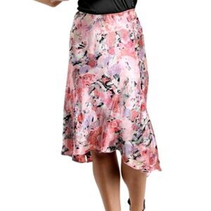 Pink Silky Floral Asymmetrical Slip Skirt Midi NEW